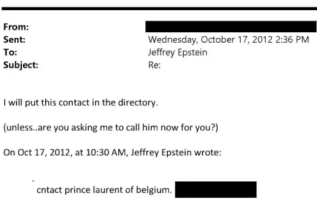 In oktober 2012 vroeg Epstein aan zijn assistent om prins Laurent in zijn telefoonboekje te plaatsen