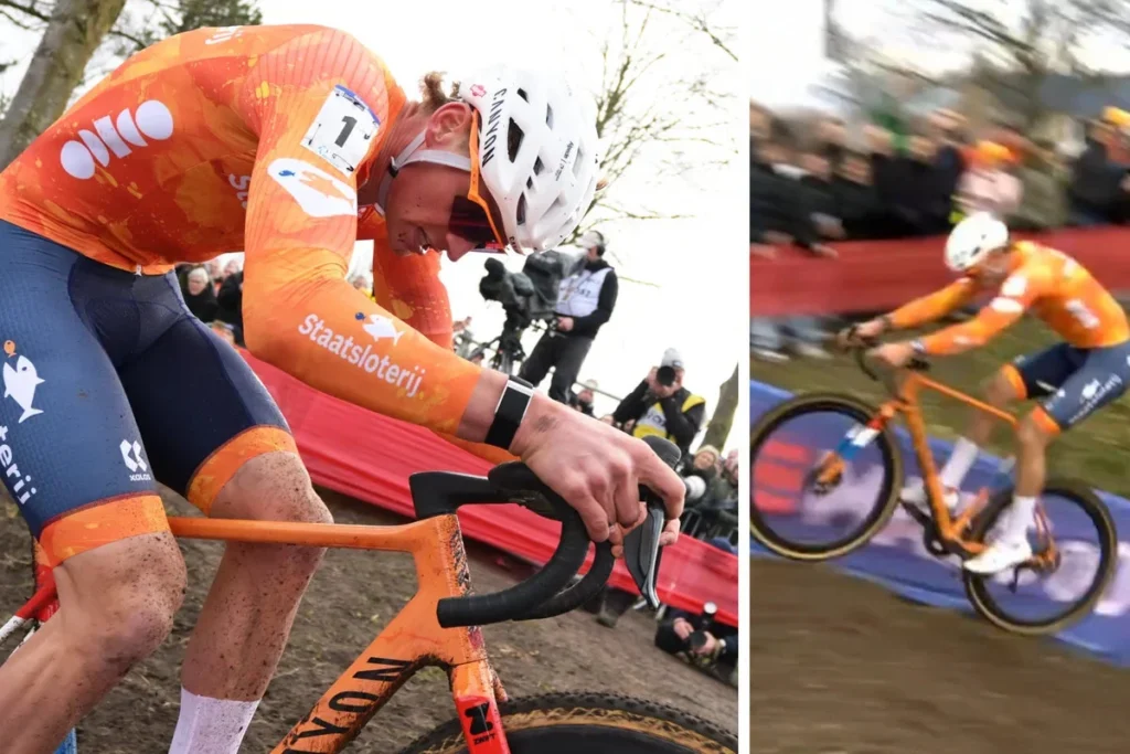 De overmacht samengevat in één beeld: Mathieu van der Poel vliegt door de lucht tijdens WK veldrijden
